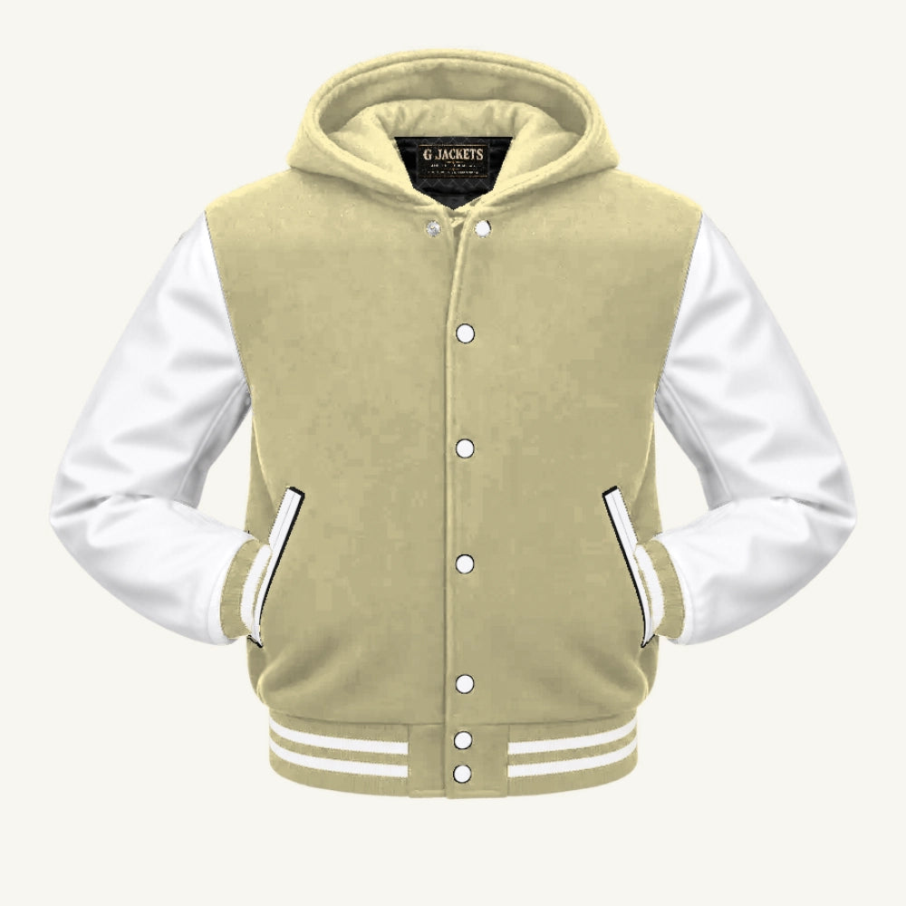 G Jackets Hooded Wool & Genuine Leather Varsity Jacket, Cream Natural/White, front view