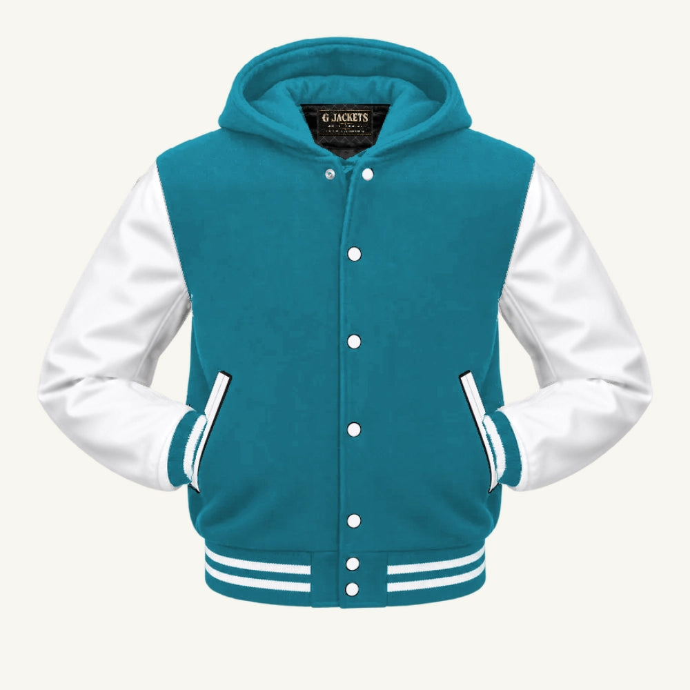 G Jackets Hooded Wool & Genuine Leather Varsity Jacket, Teal Blue/White, front view