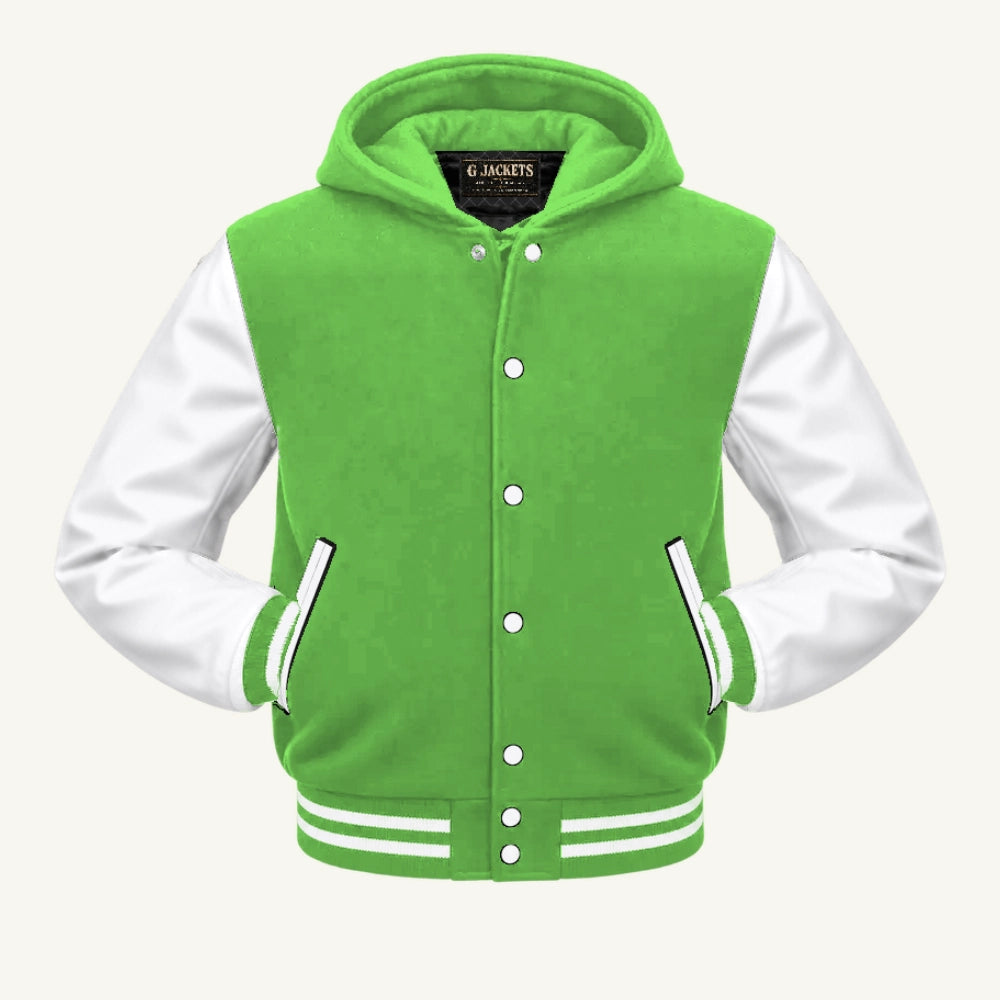 G Jackets Hooded Wool & Genuine Leather Varsity Jacket, Lime Green/White, front view