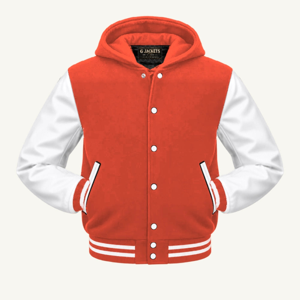 G Jackets Hooded Wool & Genuine Leather Varsity Jacket, Orange/White, front view