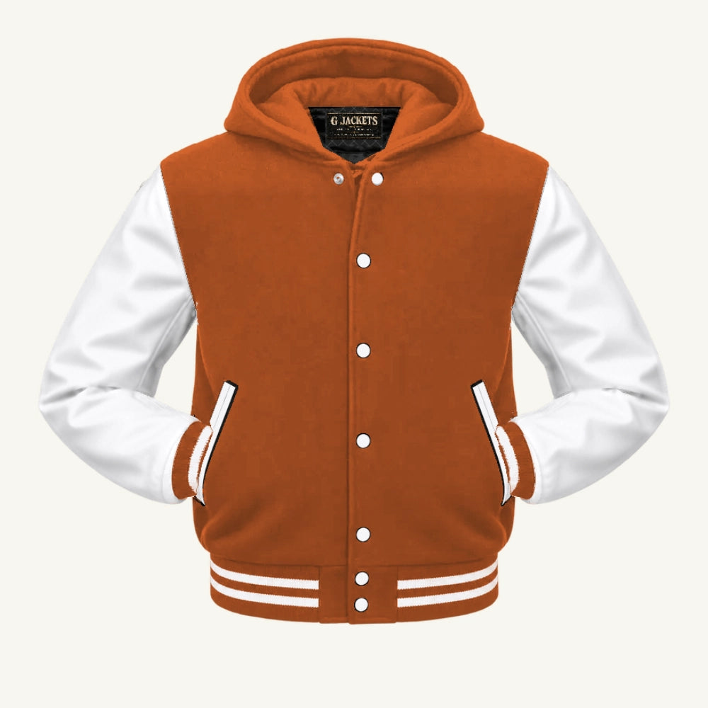 G Jackets Hooded Wool & Genuine Leather Varsity Jacket, Texas Orange/White, front view