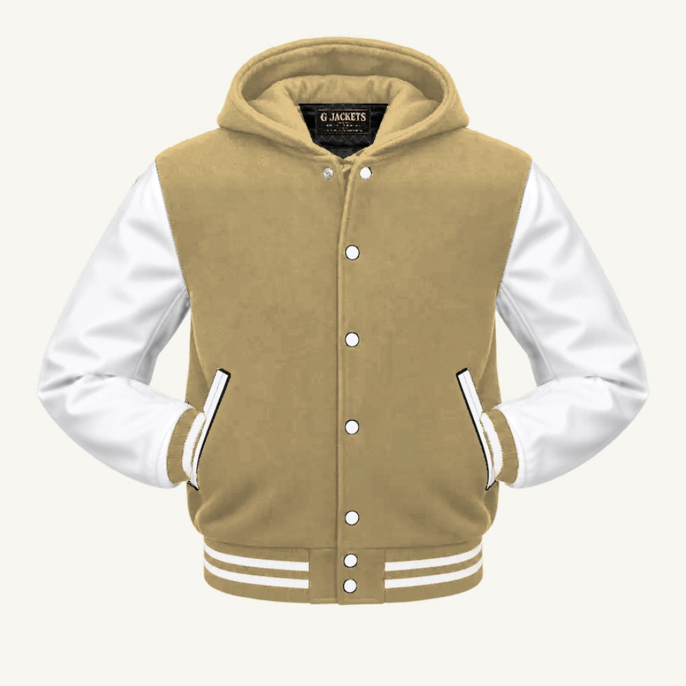 G Jackets Hooded Wool & Genuine Leather Varsity Jacket, Tan/White, front view
