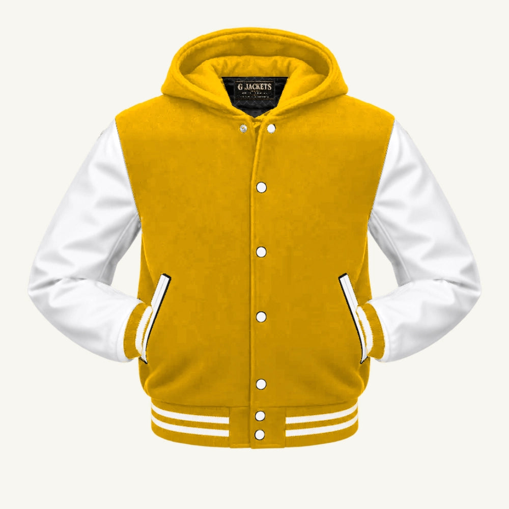 G Jackets Hooded Wool & Genuine Leather Varsity Jacket, Gold/White, front view