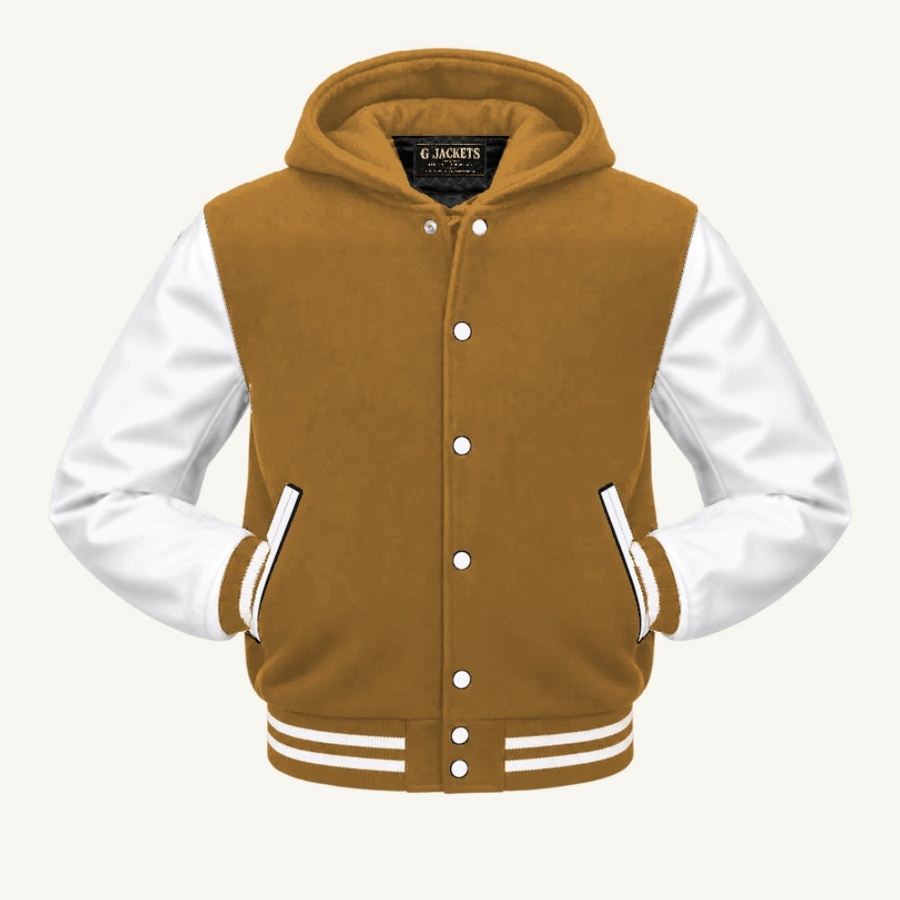 G Jackets Hooded Wool & Genuine Leather Varsity Jacket, Old Gold/White, front view