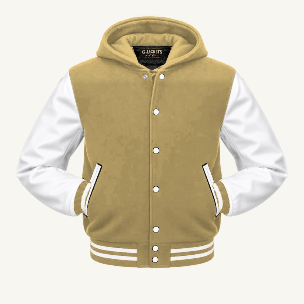 G Jackets Hooded Wool & Genuine Leather Varsity Jacket, Vegas Gold/White, front view