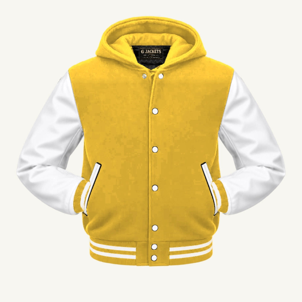 G Jackets Hooded Wool & Genuine Leather Varsity Jacket, Yellow/White, front view