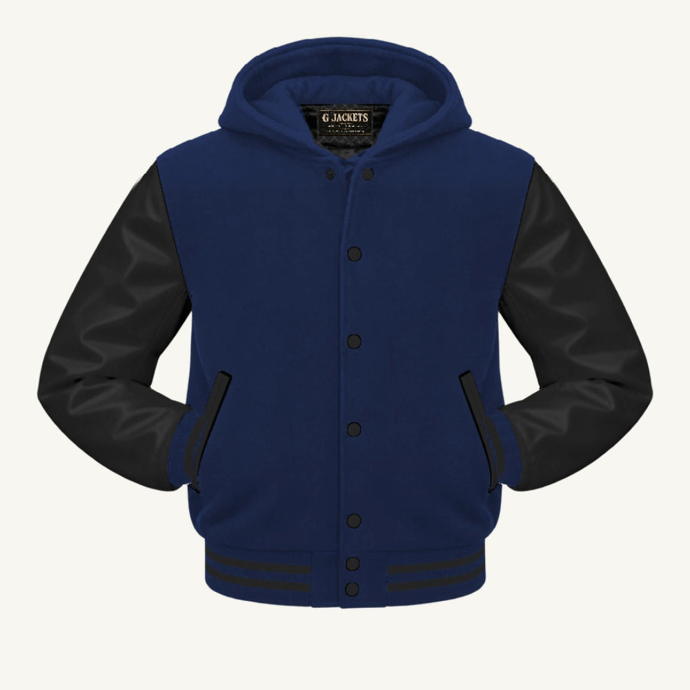 G Jackets Hooded Wool & Genuine Leather Varsity Jacket, Navy Blue/Black, front view