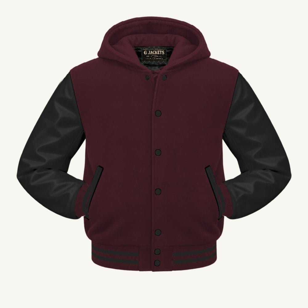 G Jackets Hooded Wool & Genuine Leather Varsity Jacket, Maroon/Black, front view