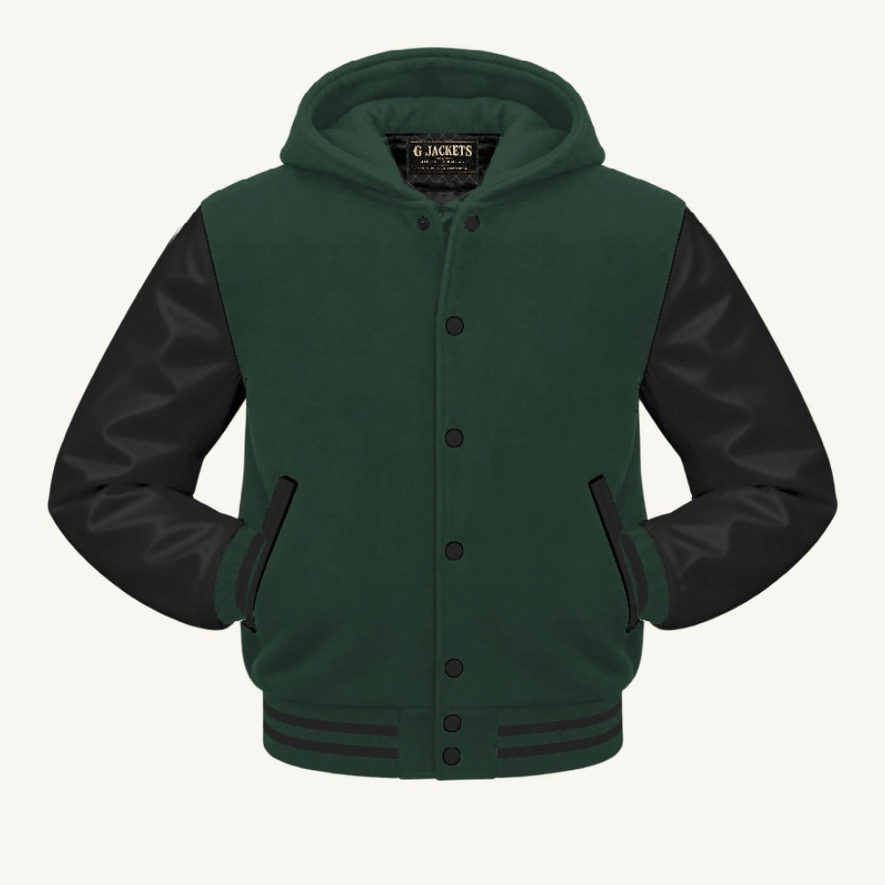 G Jackets Hooded Wool & Genuine Leather Varsity Jacket, Forest Green/Black, front view