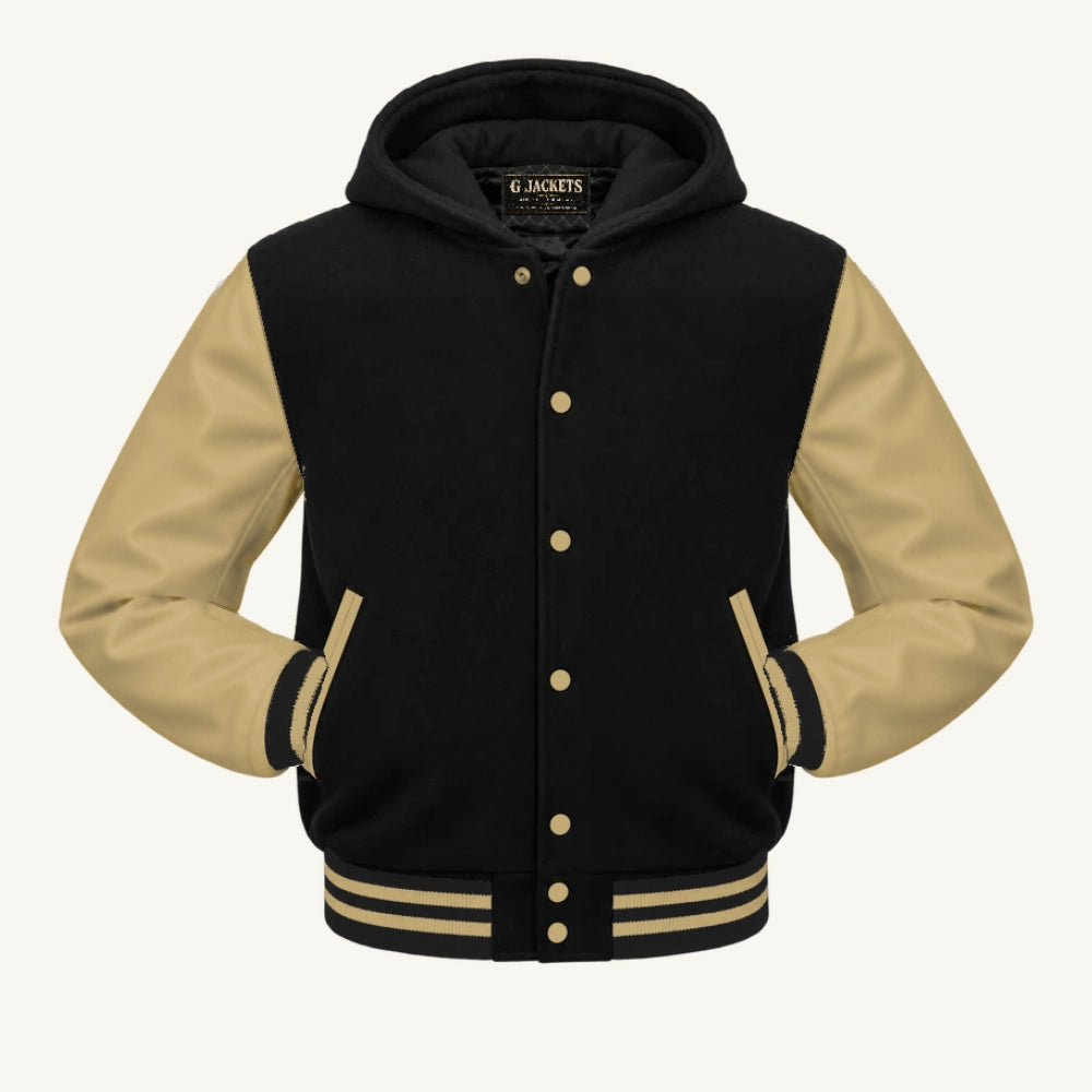 G Jackets Hooded Wool & Genuine Leather Varsity Jacket, Black/Tan, front view