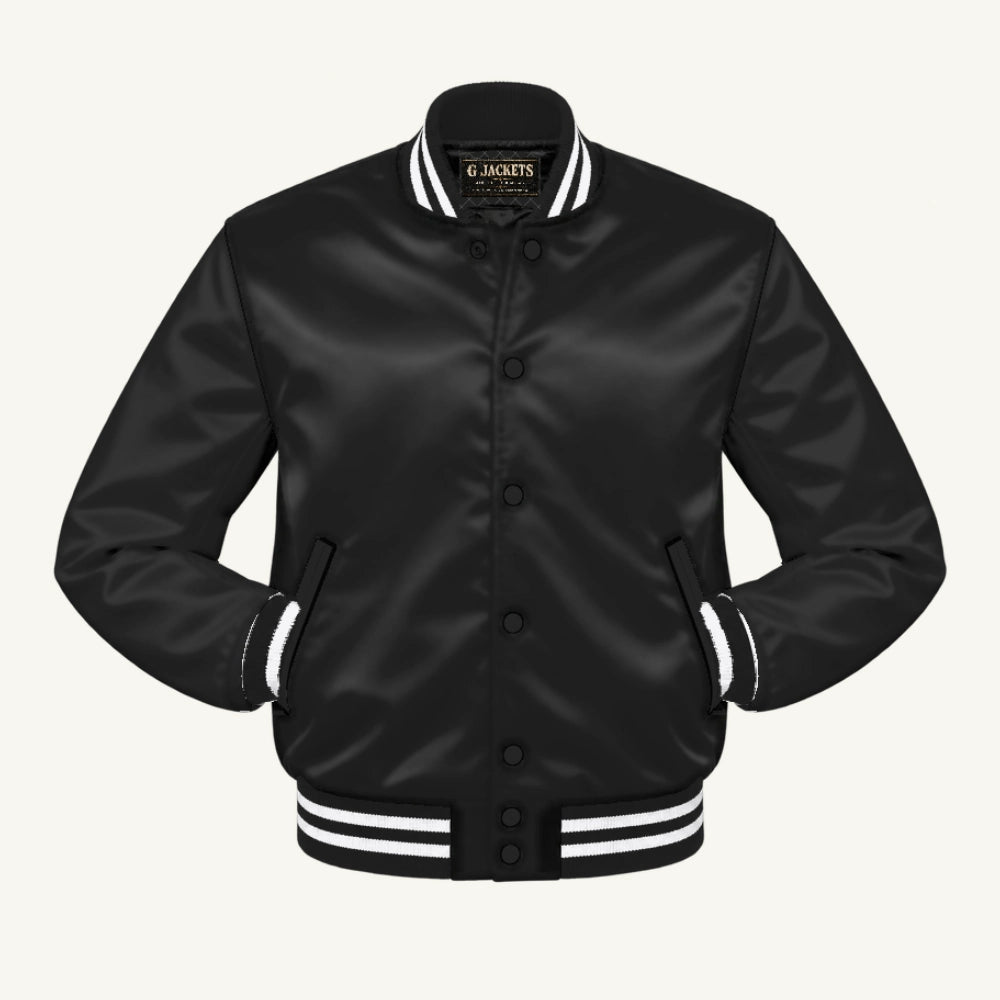 G Jackets Satin Bomber Jacket, Black/Black - White Trim, front view