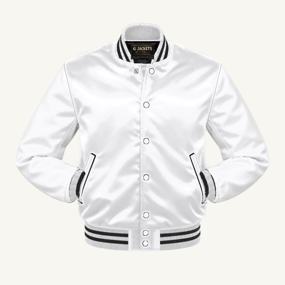 G Jackets Satin Bomber Jacket, White/White - Black Trim, front view