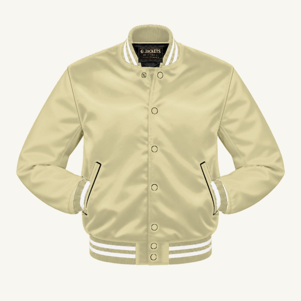 G Jackets Satin Bomber Jacket, Cream Natural/Cream Natural - White Trim, front view