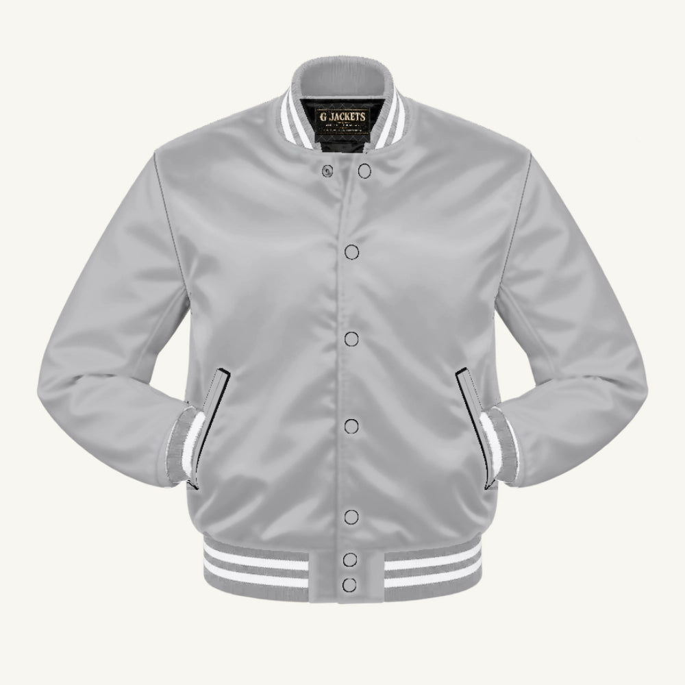 G Jackets Satin Bomber Jacket, Grey/Grey - White Trim, front view