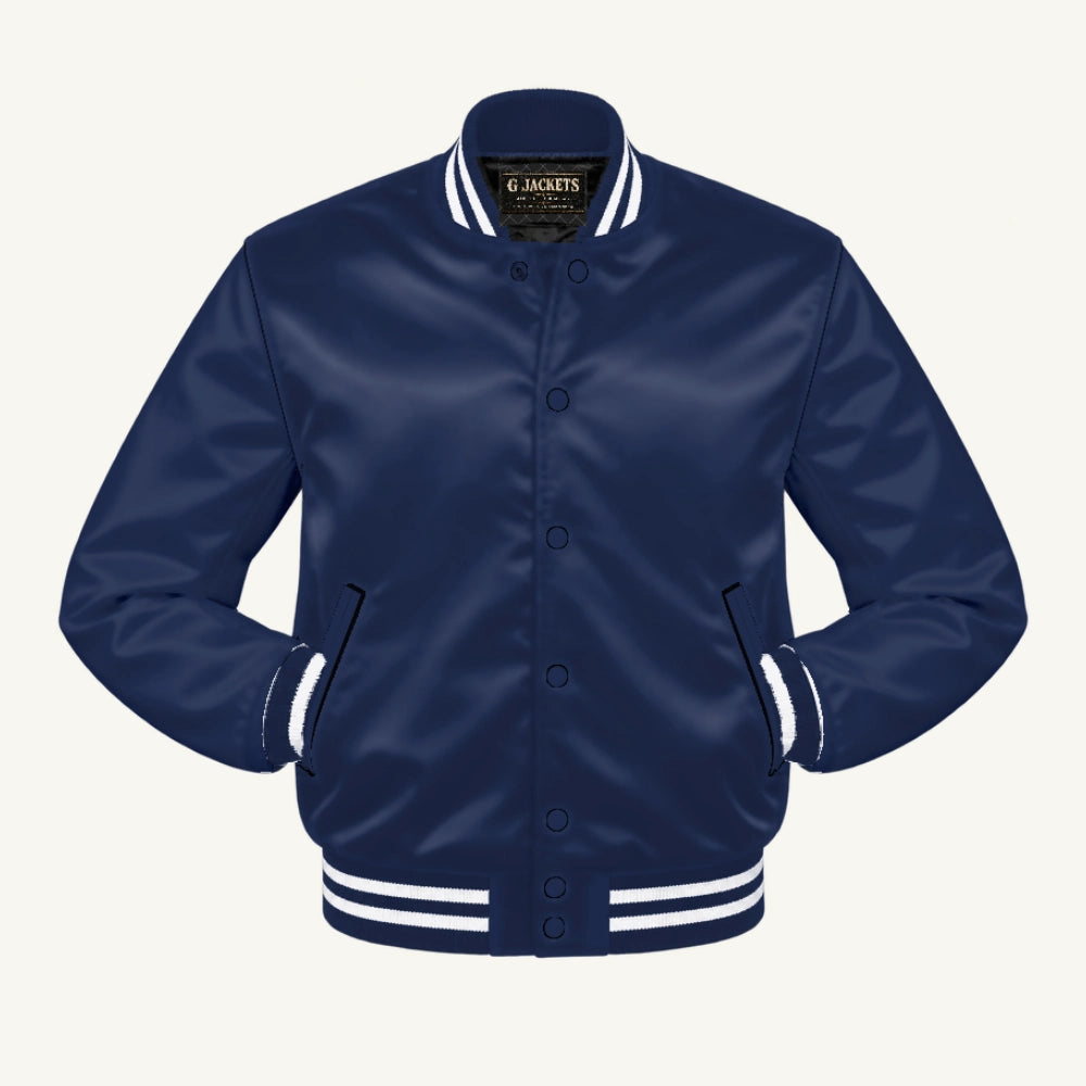 G Jackets Satin Bomber Jacket, Navy Blue/Navy Blue - White Trim, front view