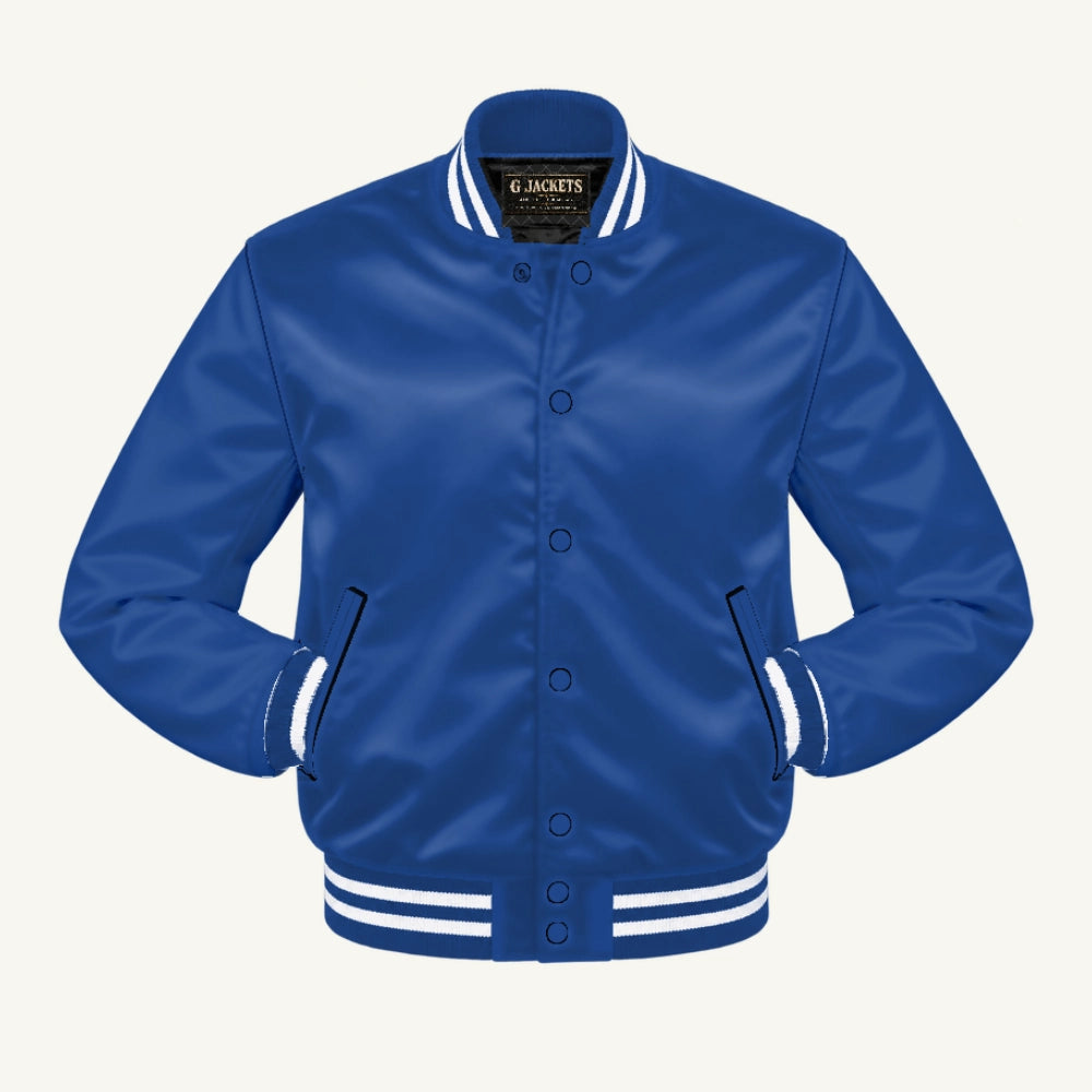 G Jackets Satin Bomber Jacket, Royal Blue/Royal Blue - White Trim, front view