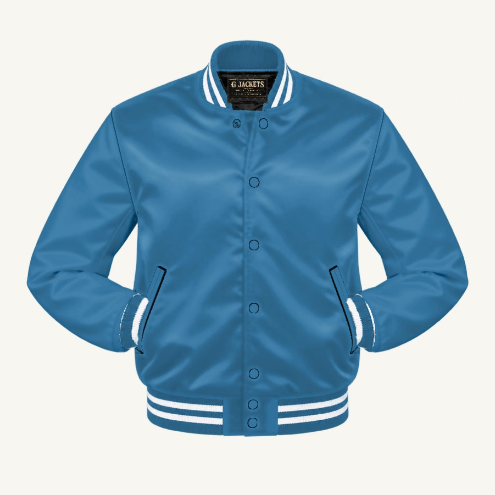 G Jackets Satin Bomber Jacket, Columbia Blue/Columbia Blue - White Trim, front view