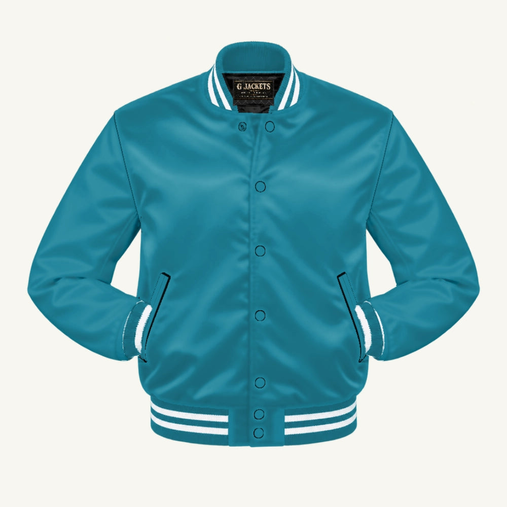 G Jackets Satin Bomber Jacket, Teal Blue/Teal Blue - White Trim, front view