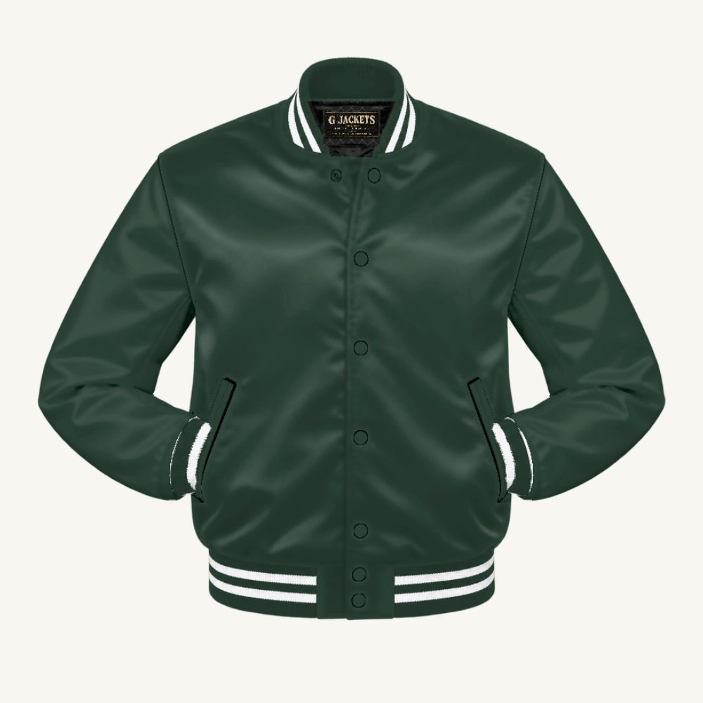 G Jackets Satin Bomber Jacket, Forest Green/Forest Green - White Trim, front view