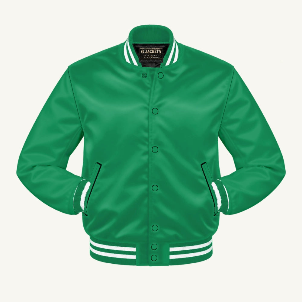 G Jackets Satin Bomber Jacket, Kelly Green/Kelly Green - White Trim, front view