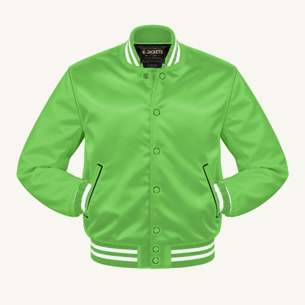 G Jackets Satin Bomber Jacket, Lime Green/Lime Green - White Trim, front view