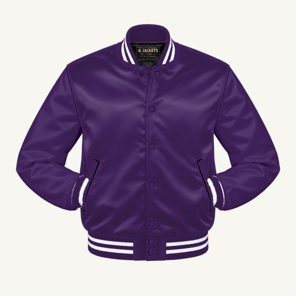 G Jackets Satin Bomber Jacket, Purple/Purple - White Trim, front view