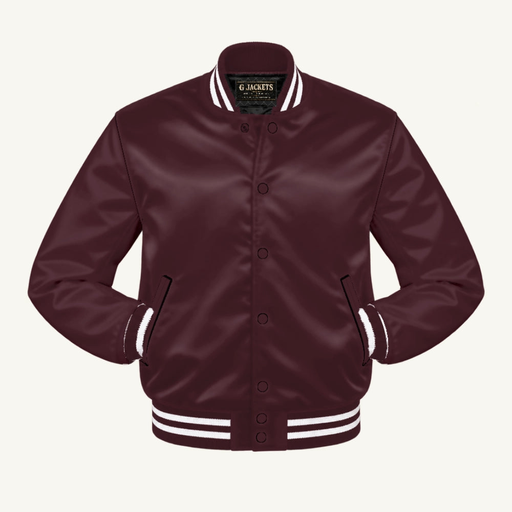 G Jackets Satin Bomber Jacket, Maroon/Maroon - White Trim, front view