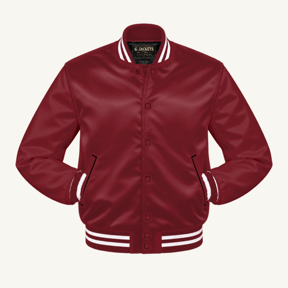 G Jackets Satin Bomber Jacket, Cardinal/Cardinal - White Trim, front view