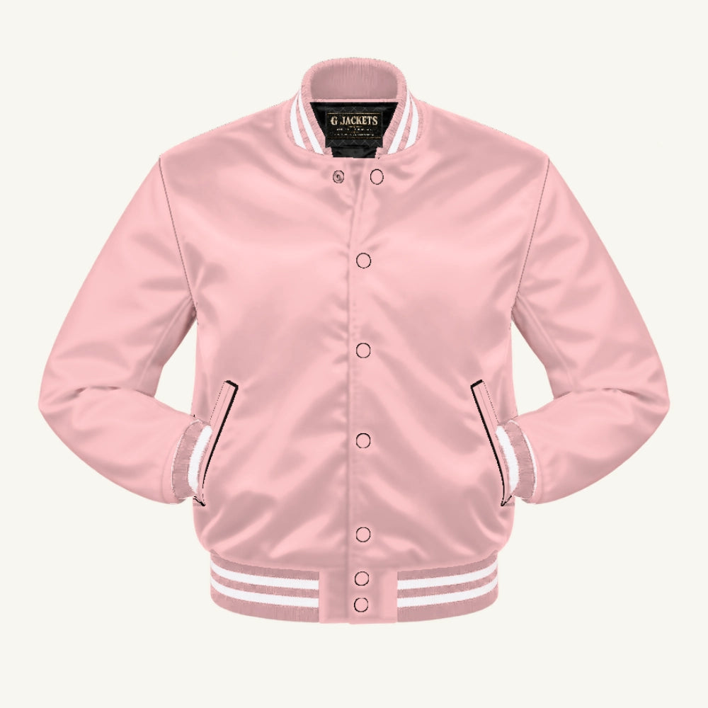 G Jackets Satin Bomber Jacket, Pink/Pink - White Trim, front view