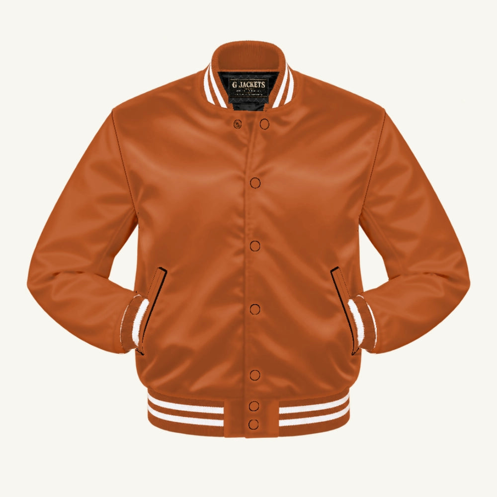 G Jackets Satin Bomber Jacket, Texas Orange/Texas Orange - White Trim, front view