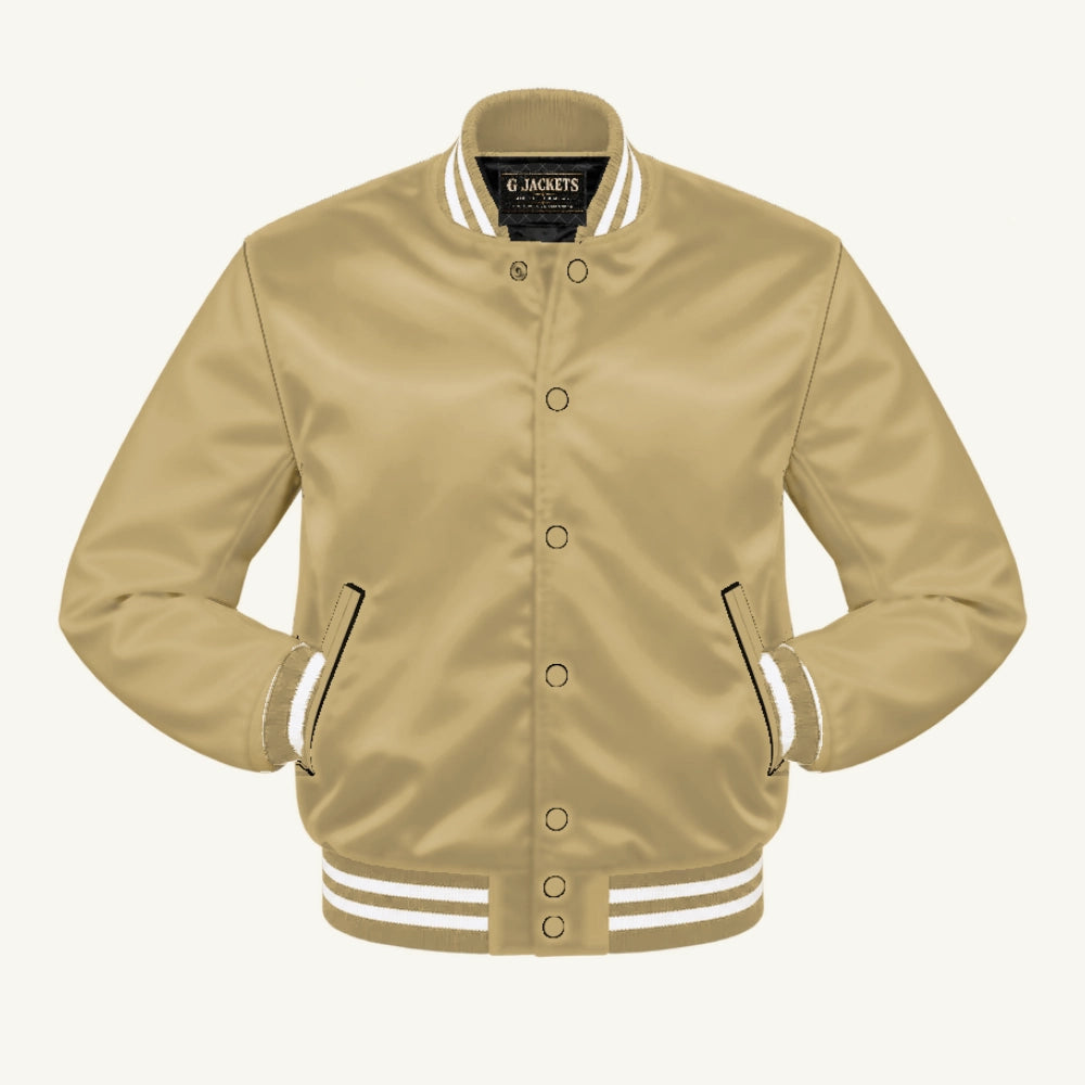 G Jackets Satin Bomber Jacket, Tan/Tan - White Trim, front view