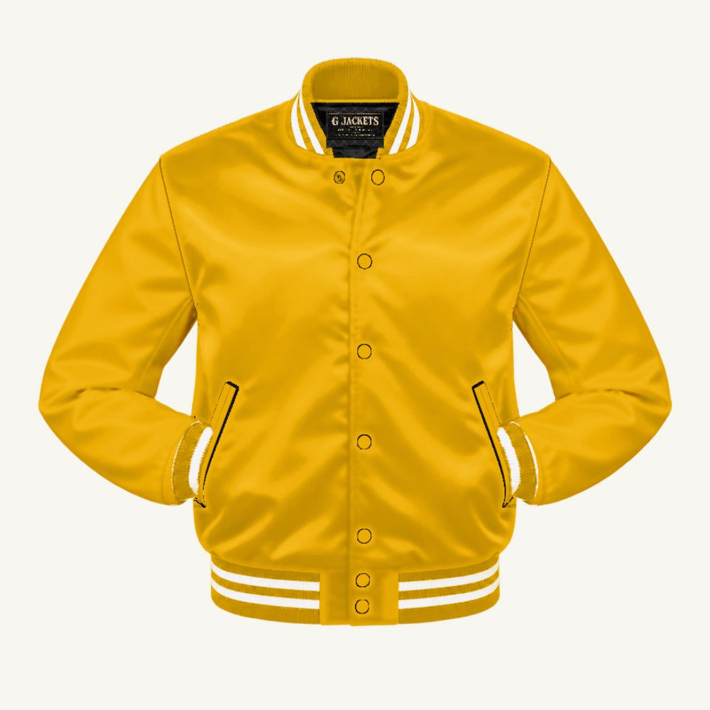 G Jackets Satin Bomber Jacket, Gold/Gold - White Trim, front view