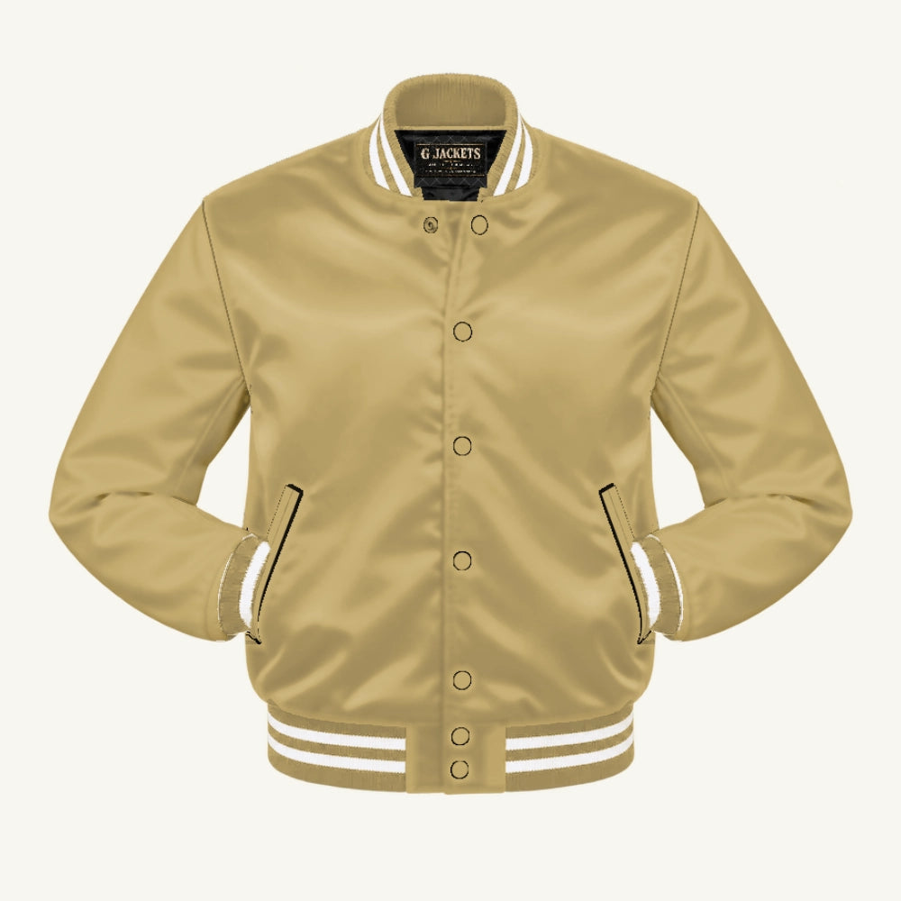 G Jackets Satin Bomber Jacket, Vegas Gold/Vegas Gold - White Trim, front view