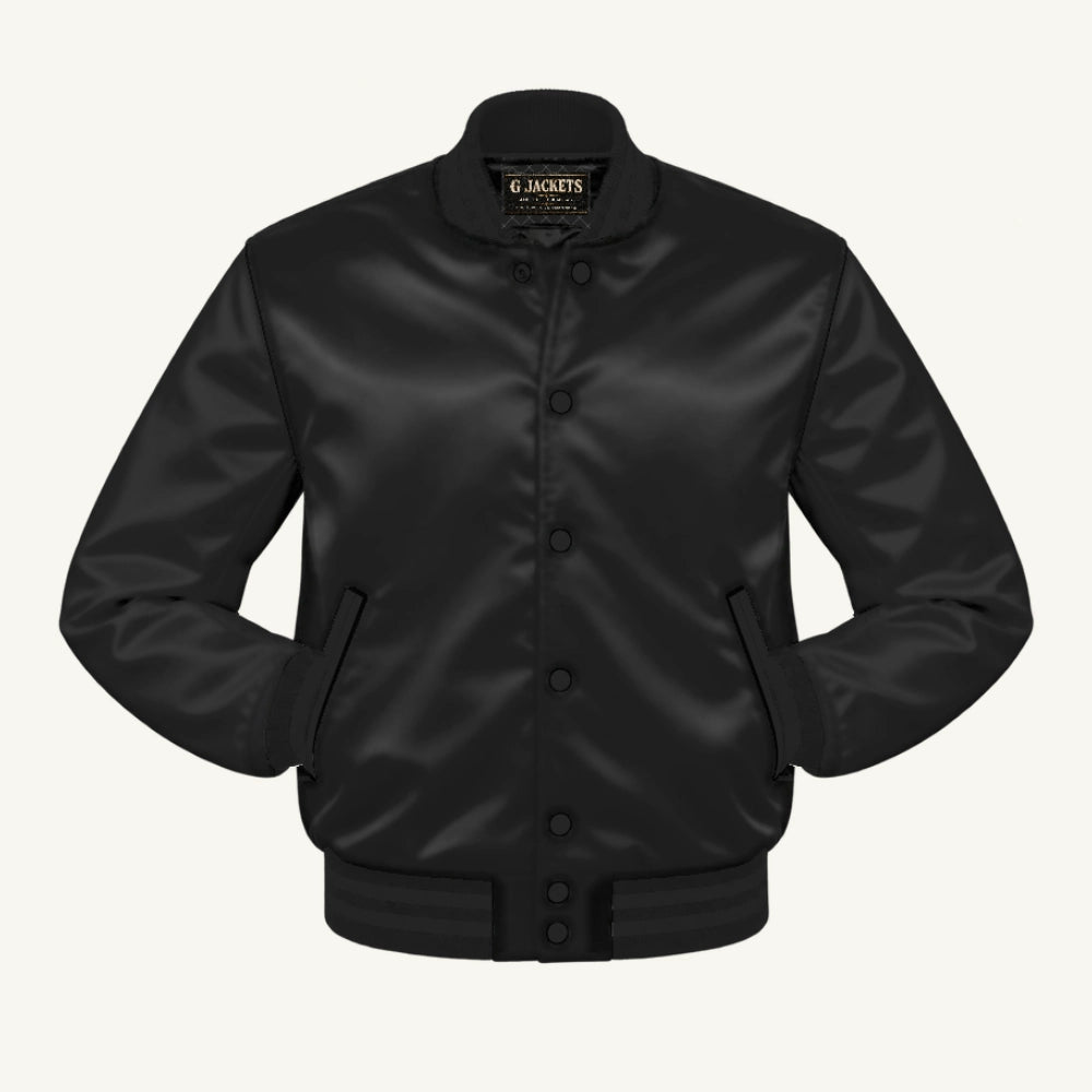 G Jackets Satin Bomber Jacket, Solid Black, front view