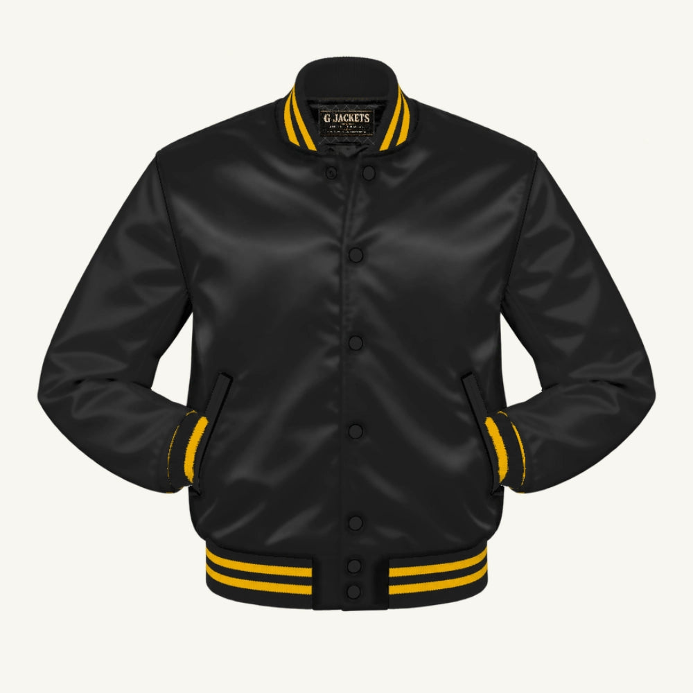 G Jackets Satin Bomber Jacket, Black/Black - Gold Trim, front view