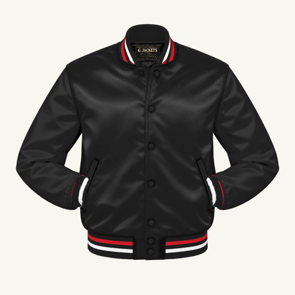 G Jackets Satin Bomber Jacket, Black/Black - Red/White Trim, front view