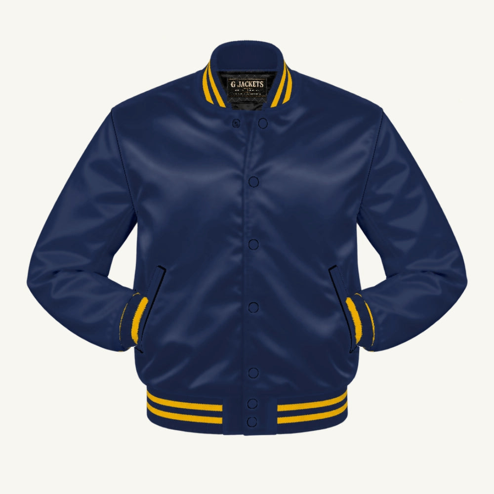 G Jackets Satin Bomber Jacket, Navy Blue/Navy Blue - Gold Trim, front view