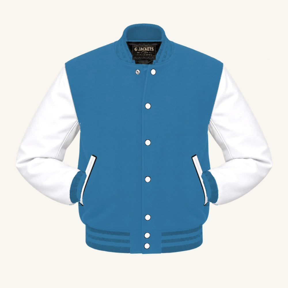 G Jackets Wool & Fleece Varsity Jacket, Light Blue/White - Columbia Blue Trim, front view