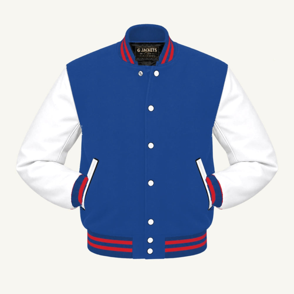 G Jackets Wool & Fleece Varsity Jacket, Royal Blue/White - Red Trim, front view