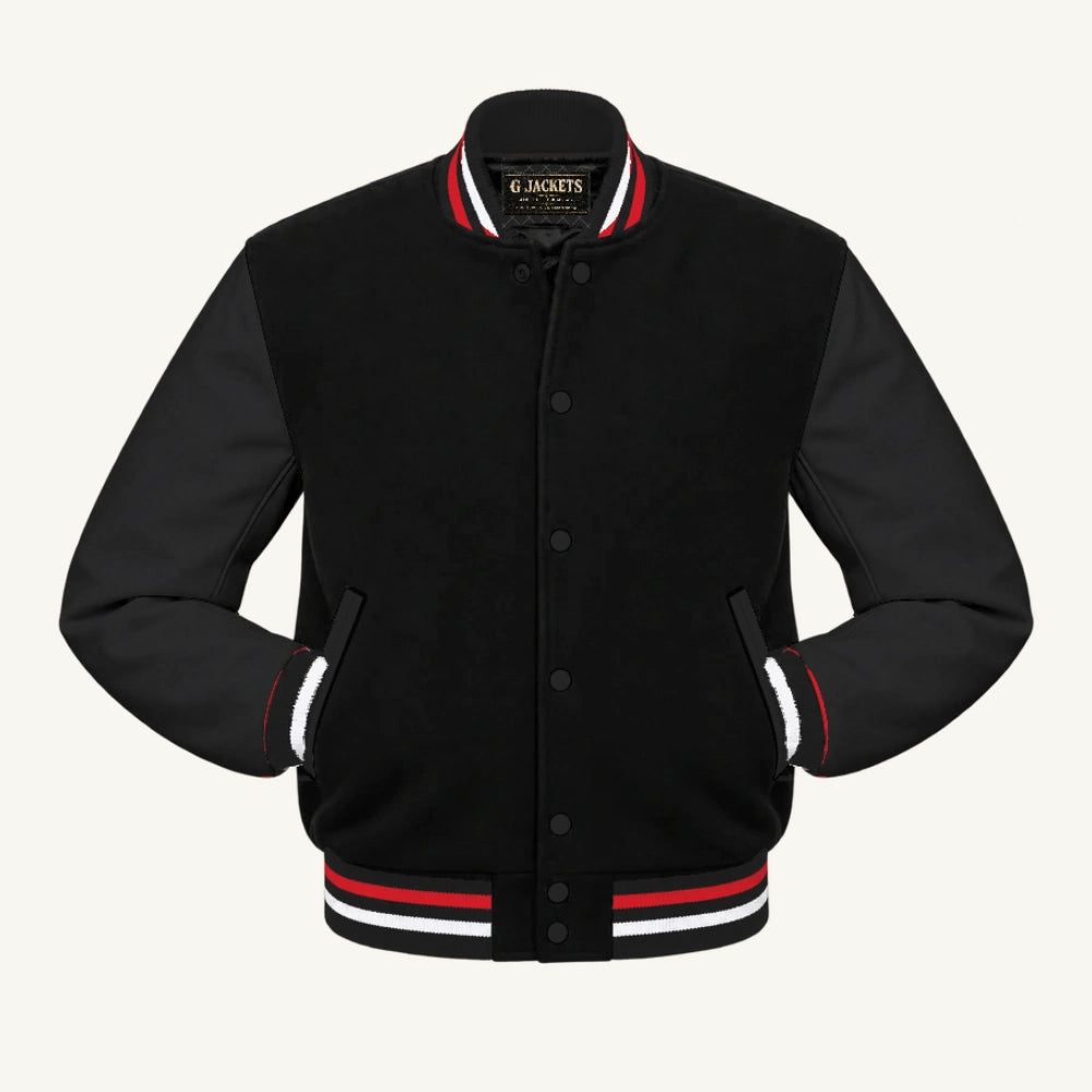 G Jackets Wool & Fleece Varsity Jacket, Black/Black - Red/White Trim, front view
