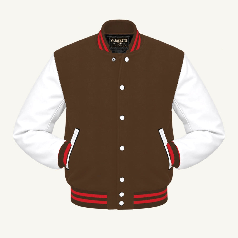 G Jackets Wool & Fleece Varsity Jacket, Brown/White - Red Trim, front view