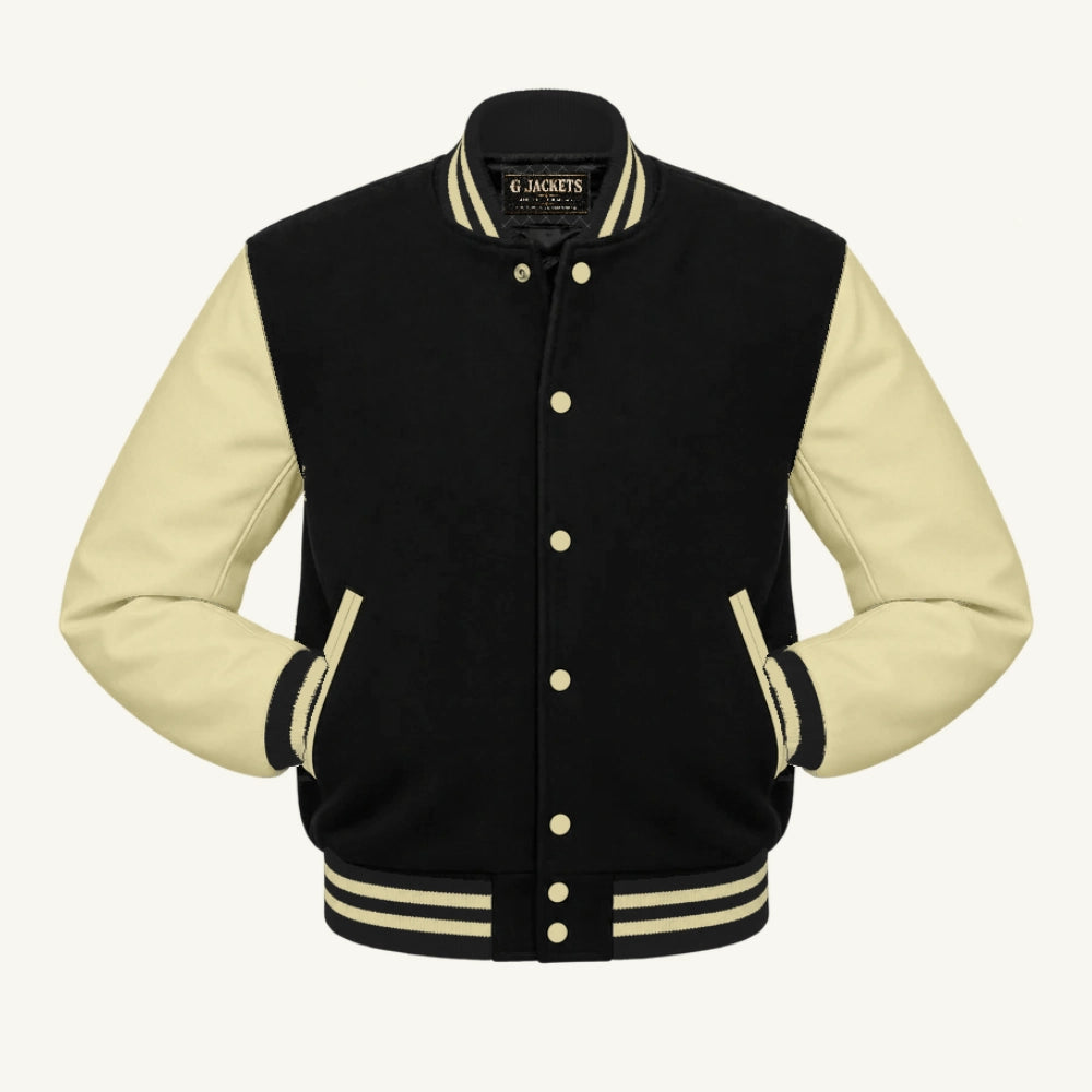 G Jackets Wool & Fleece Varsity Jacket, Black/Natural - Cream Trim, front view
