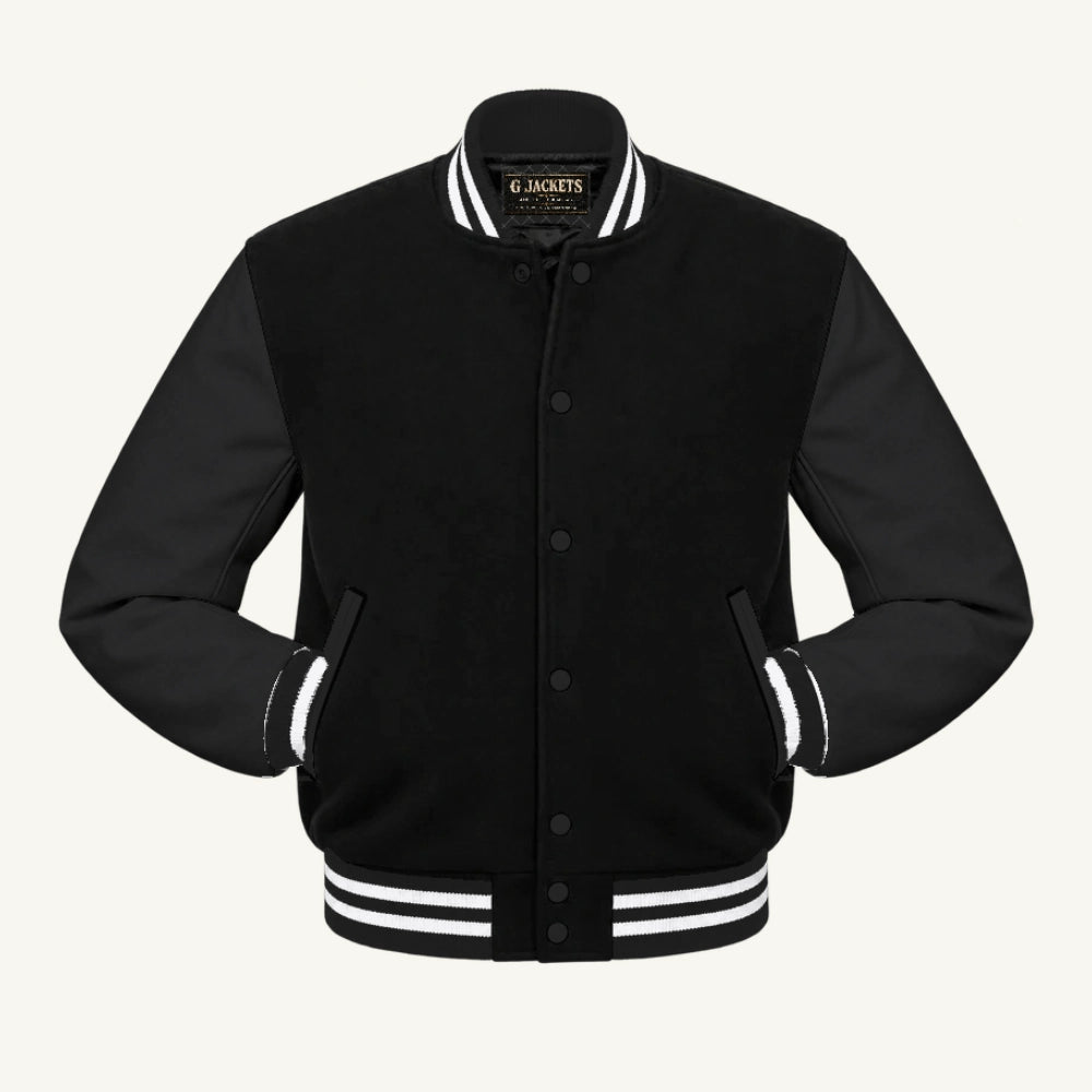 G Jackets Wool & Fleece Varsity Jacket, Black/Black - White Trim, front view