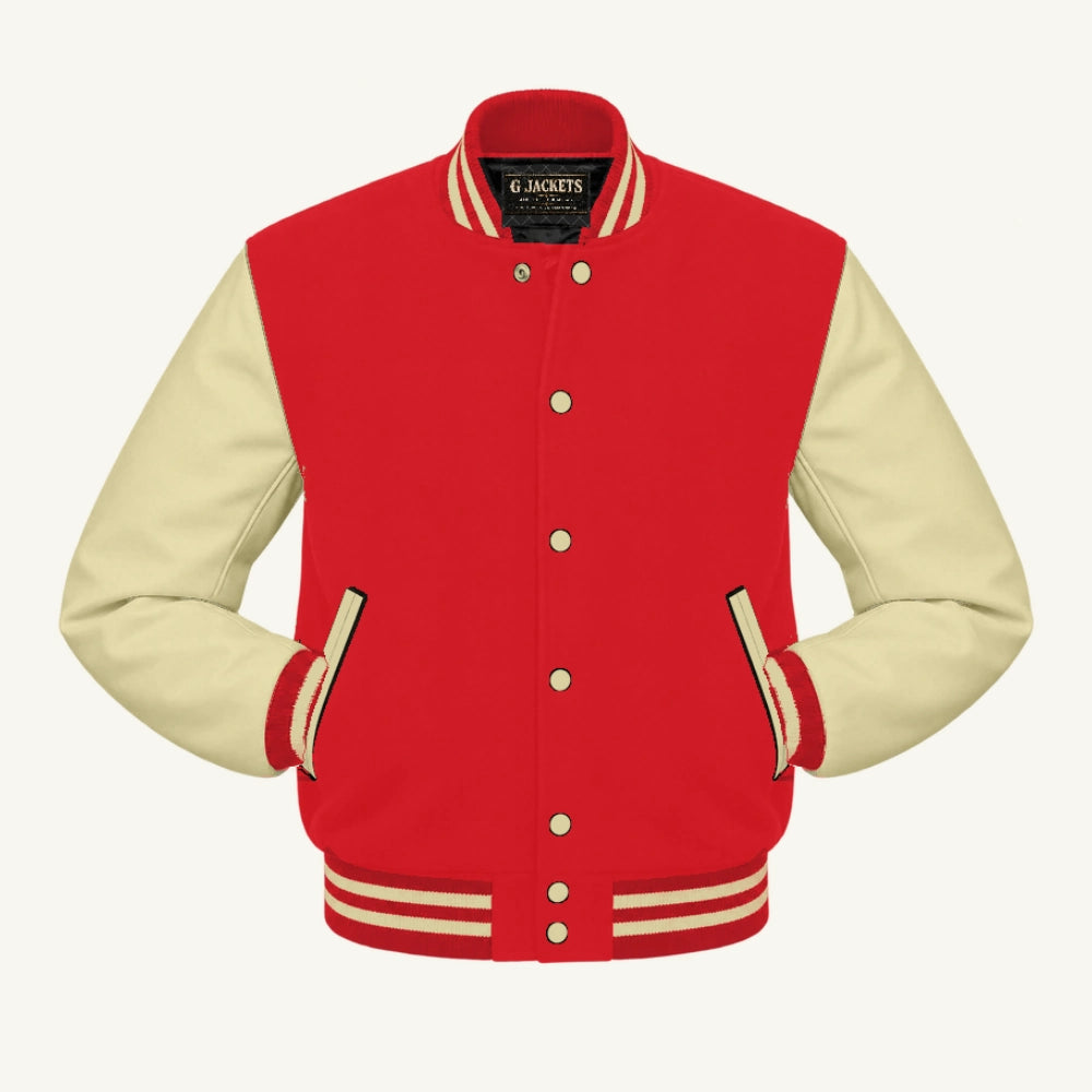 G Jackets Wool & Fleece Varsity Jacket, Red/Natural - Cream Trim, front view