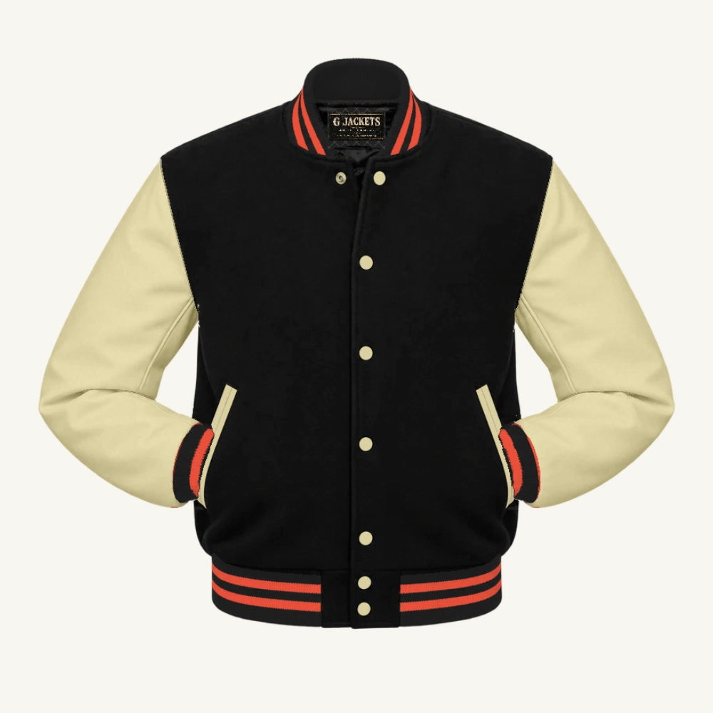 G Jackets Wool & Fleece Varsity Jacket, Black/Natural - Orange Trim, front view