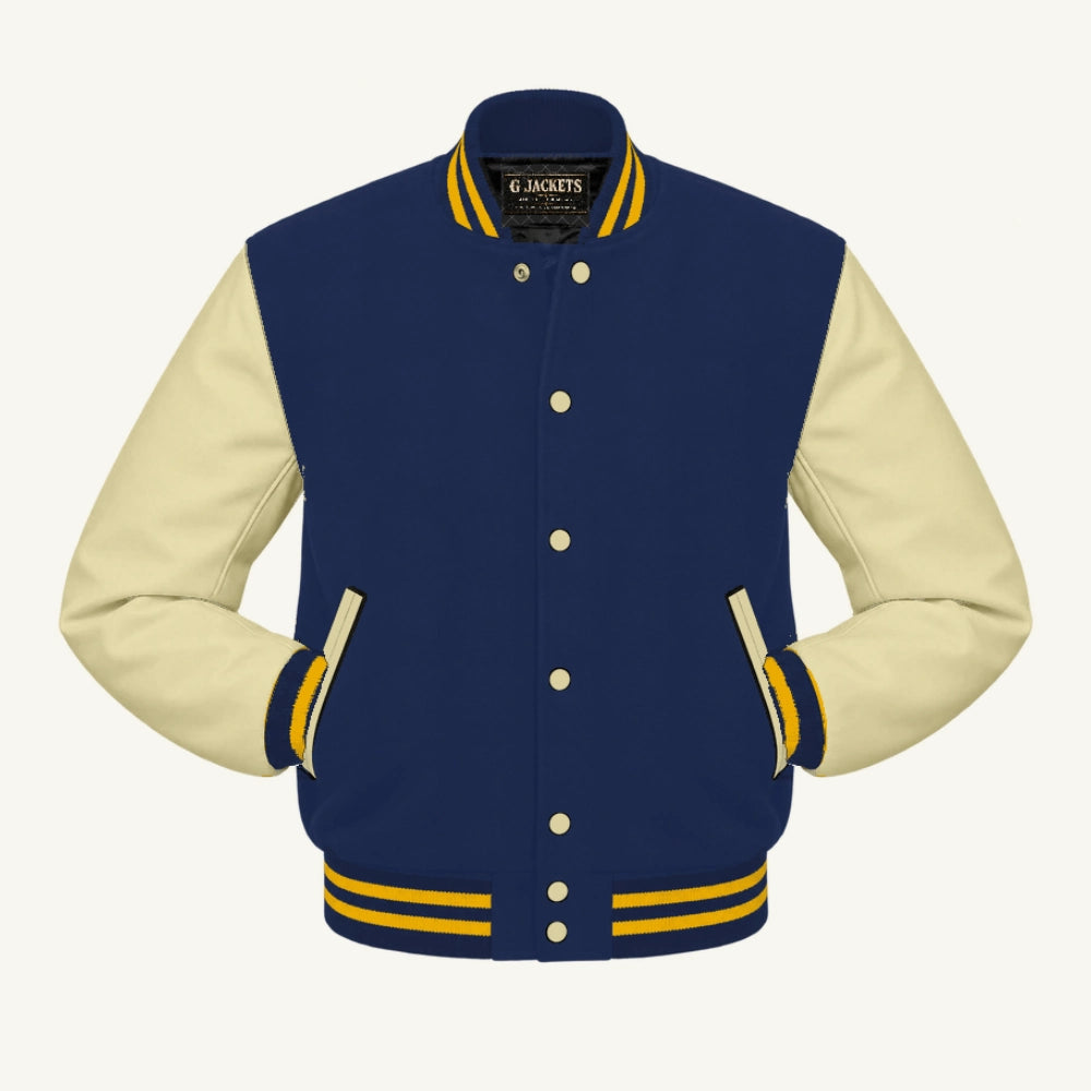 G Jackets Wool & Fleece Varsity Jacket, Navy Blue/Natural - Gold Trim, front view