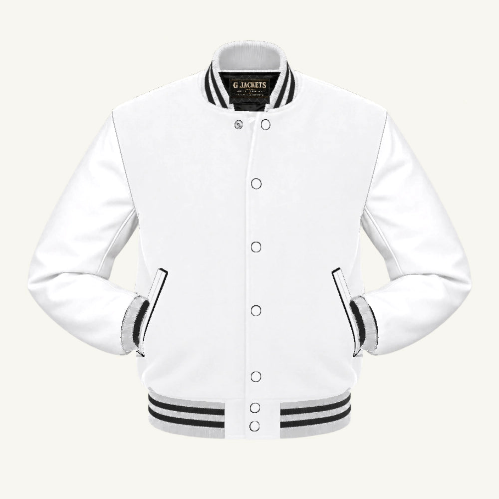 G Jackets Wool & Fleece Varsity Jacket, White/White - Black Trim, front view