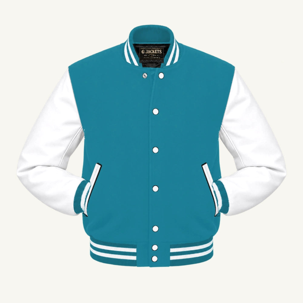 G Jackets Wool & Fleece Varsity Jacket, Teal Blue/White, front view