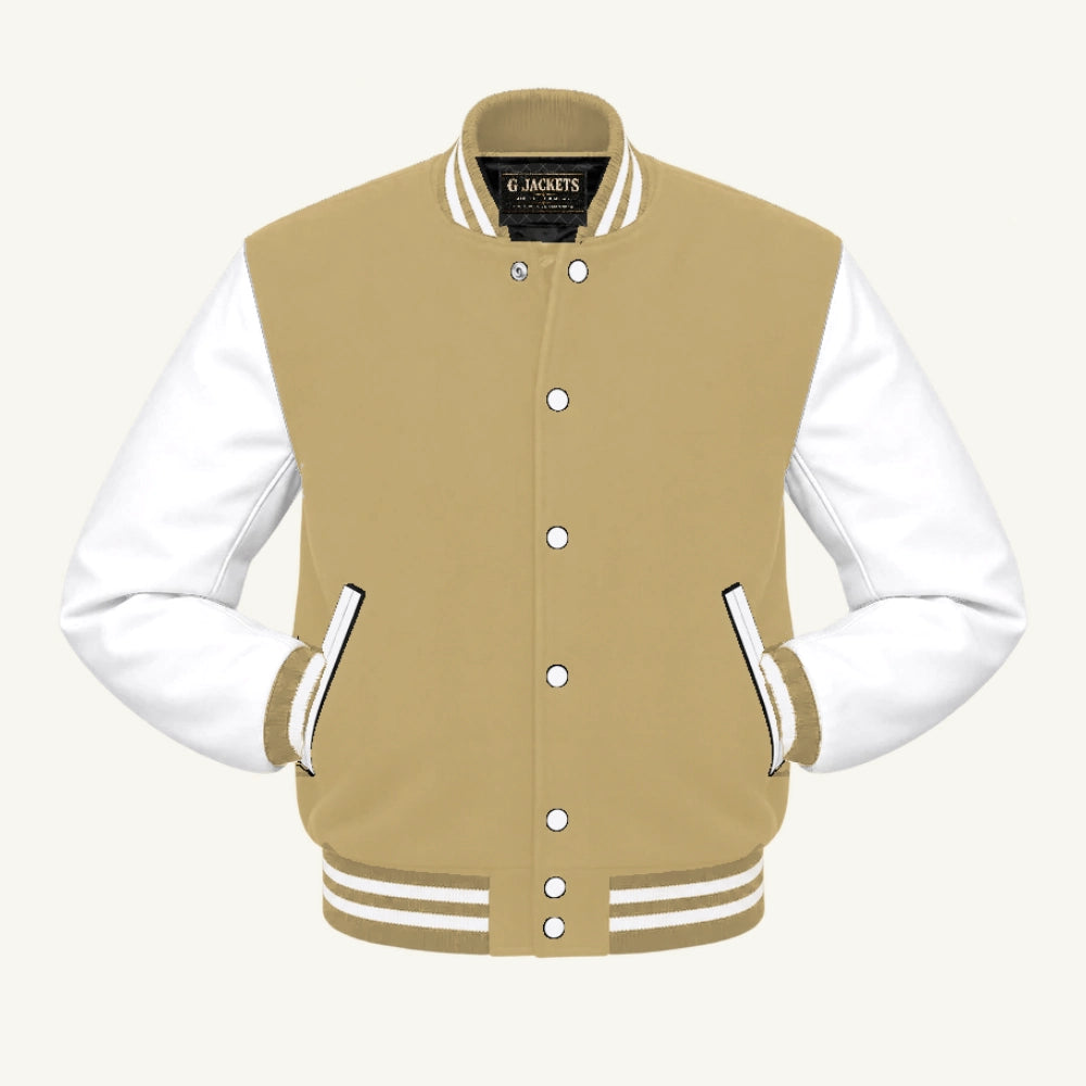 G Jackets Wool & Fleece Varsity Jacket, Tan/White, front view