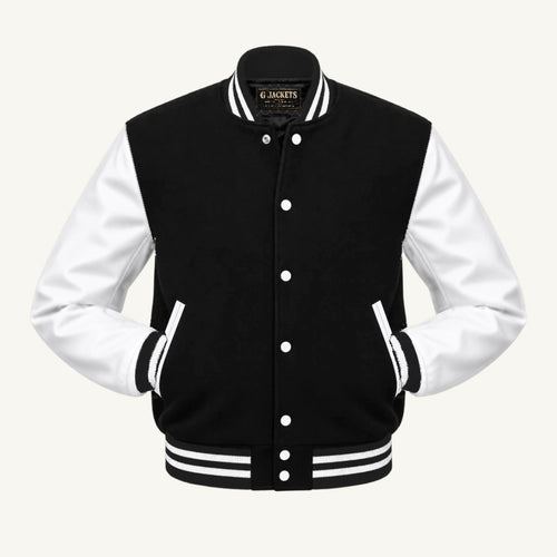 G Jackets classic wool and genuine leather varsity jacket, Black / White, front view
